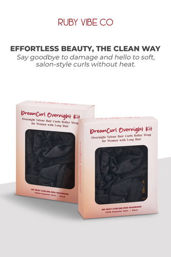 An advertisement for the Ruby Vibe Co DreamCurl Overnight Kit, a heatless velour hair roller wrap