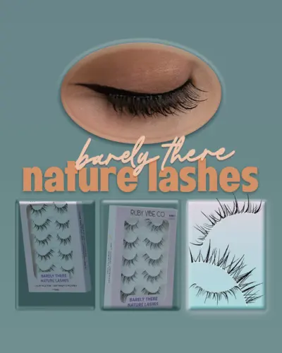An advertisement collage for Ruby Vibe Co. 'Barely There Nature Lashes' showing the natural, subtle effect