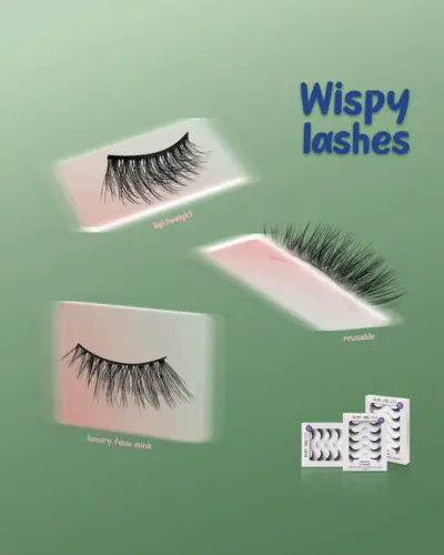 An advertisement collage for Ruby Vibe Co. 'Wispy Lashes' highlighting their lightweight, luxury faux mink design