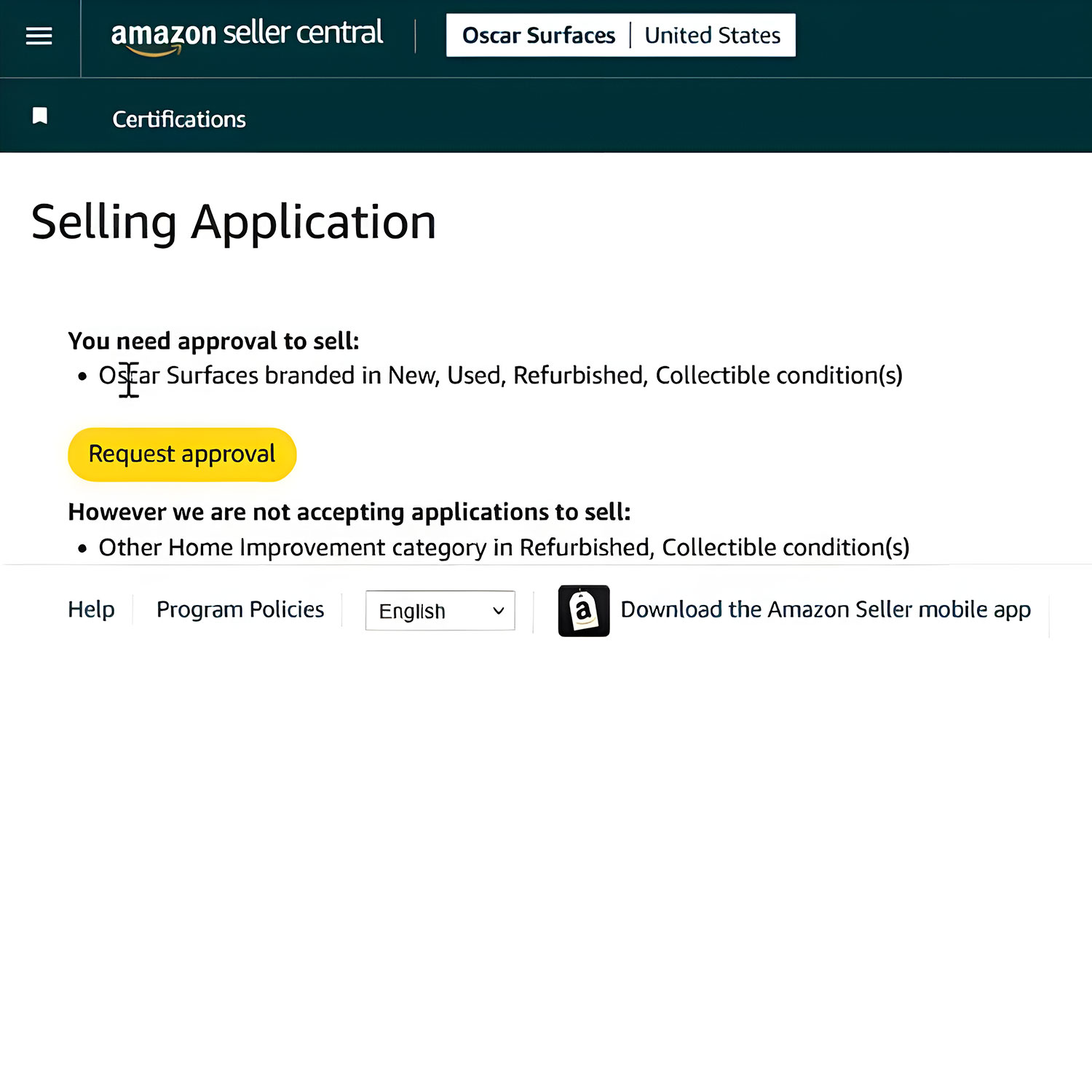 Source: Amazon Seller Central. Dashboard showing a "Request approval" button for restricted brand selling applications.
