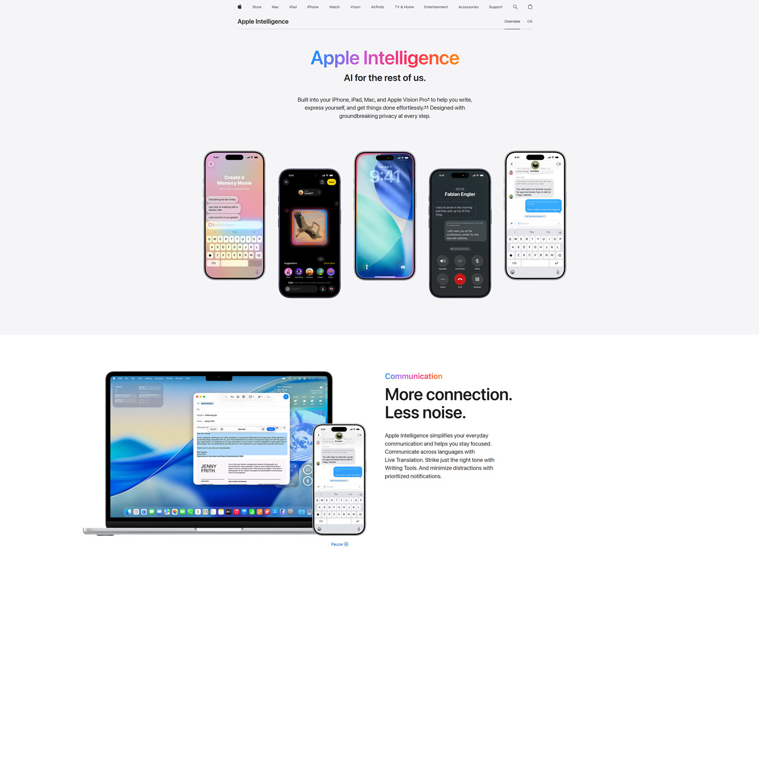 Apple Intelligence overview showing the AI features across multiple iPhone and Mac interfaces.