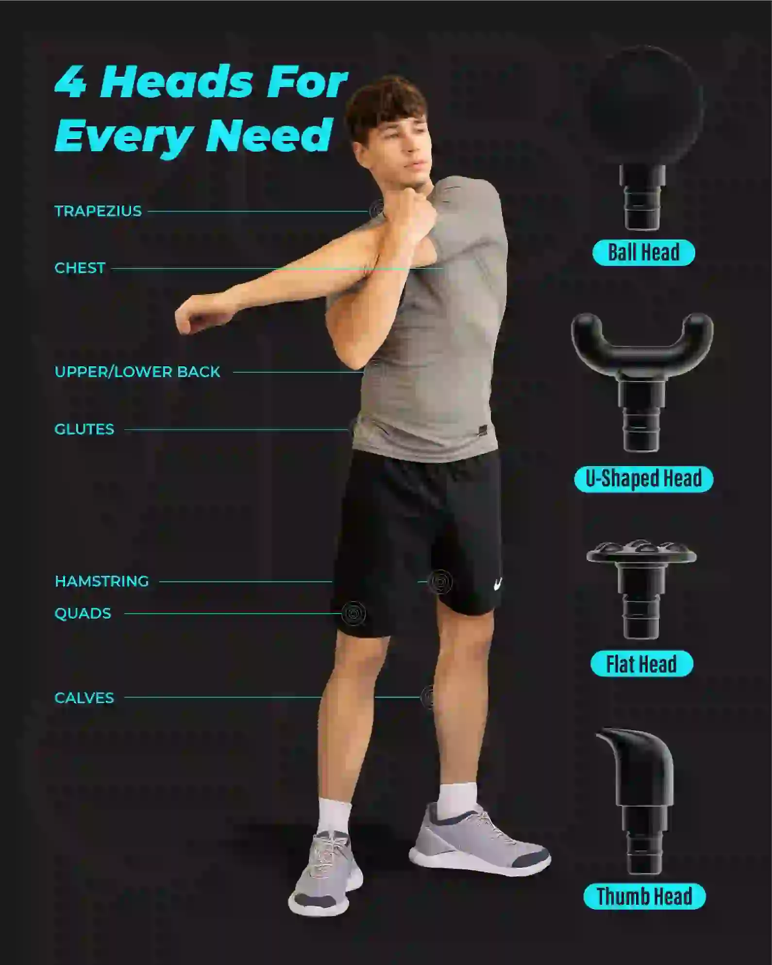 Infographic showing 4 massage gun attachment heads—ball, U-shaped, flat, and thumb—and the muscle groups they are designed for, such as back, legs, and traps