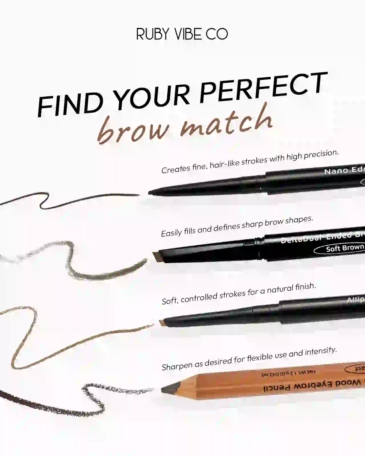 Ruby Vibe Co eyebrow pencil guide comparing four types, including a nano-tip, an angled pencil, and a wood pencil, with swatches for each
