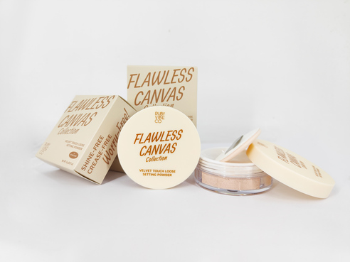 Clean catalog photography for Ruby Vibe Co's Flawless Canvas setting powder collection