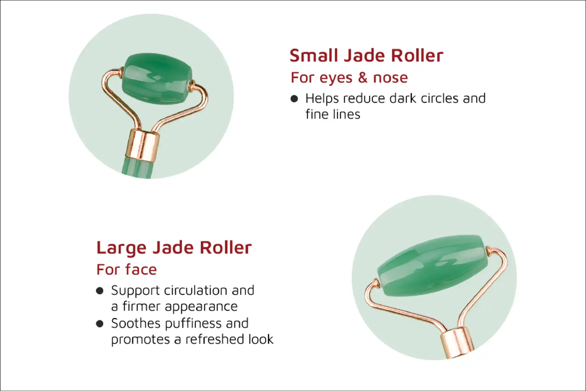 Infographic showing the small and large ends of a jade roller and listing their facial benefits