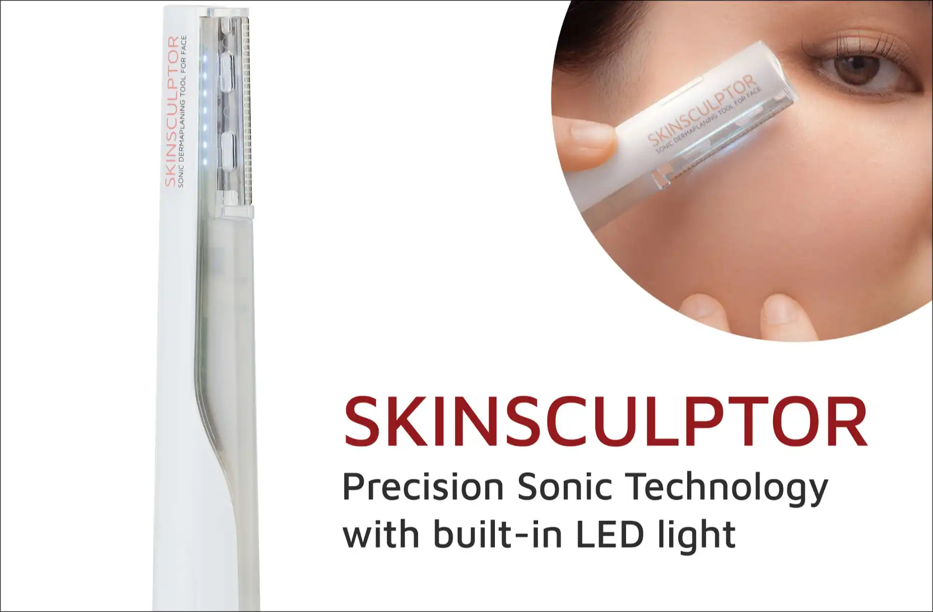 The Skinsculptor sonic dermaplaning tool with precision technology and a built-in LED light