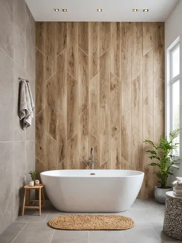 3D bathroom with a wood accent wall