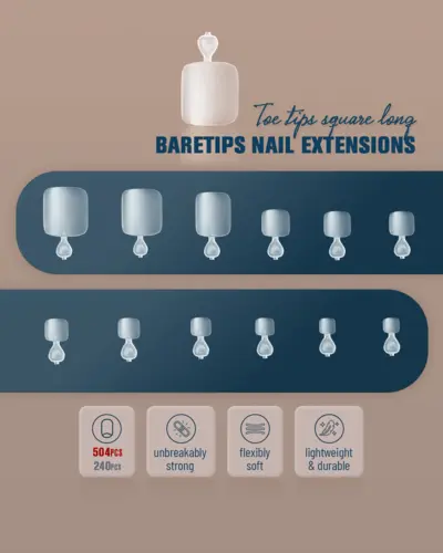 Promotional product photography for Baretips toe nail extensions, detailing sizes and durable features