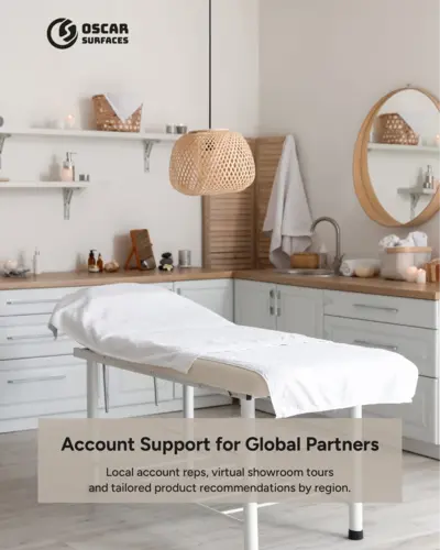 Oscar Surfaces provides account support for global partners, shown in a modern spa treatment room setting
