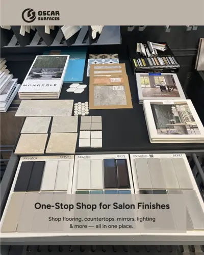 Oscar Surfaces one-stop shop for salon finishes, showing design samples of tiles, flooring, and countertops