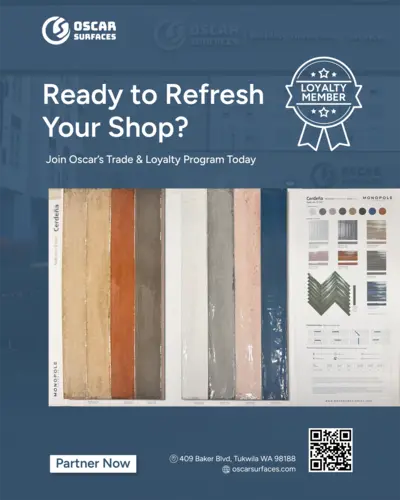 Oscar Surfaces ad for its Trade & Loyalty Program, showing colorful Monopole and Cerdella tile samples