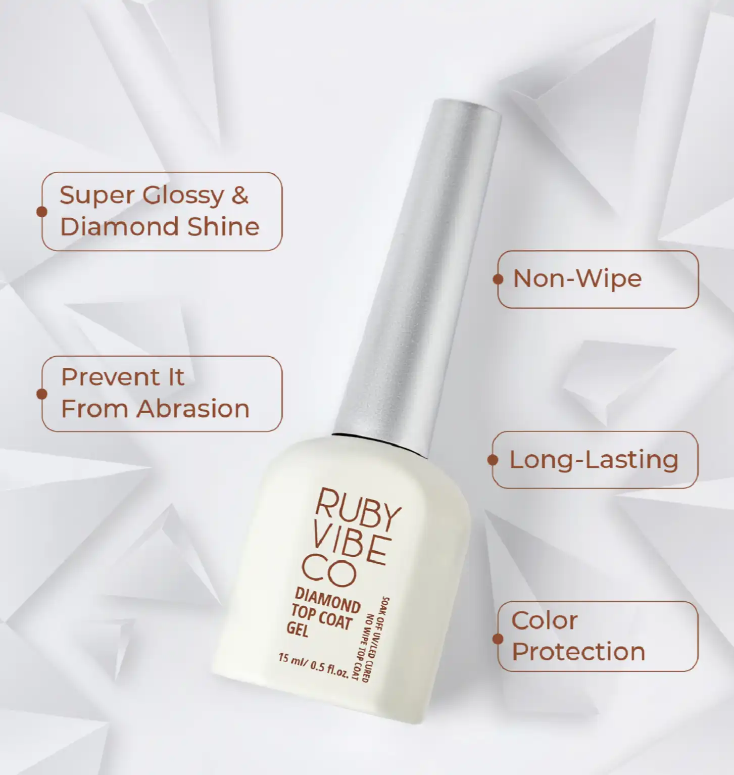 Ruby Vibe Co Diamond Top Coat Gel, a non-wipe, long-lasting nail polish for glossy shine and protection