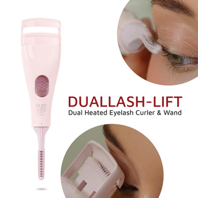 The pink Ruby Vibe Co Duallash-Lift, a dual-function heated eyelash curler and wand for lifting lashes