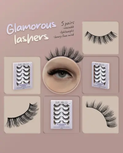 Ruby Vibe Co Glamorous Lashes in 5-pair packs, showcasing the lightweight, reusable luxury faux mink style
