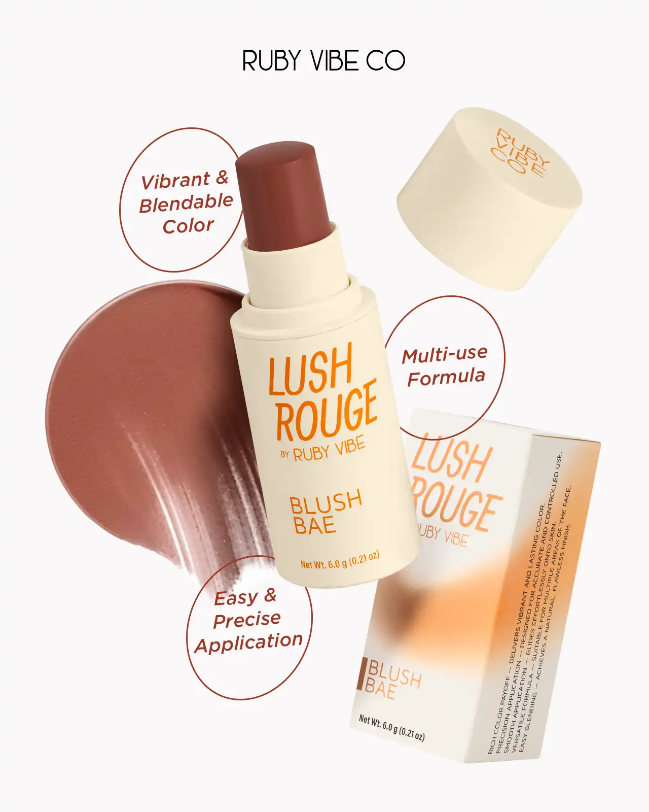A Ruby Vibe Co Lush Rouge blush stick in shade Blush Bae, a multi-use, blendable cream formula