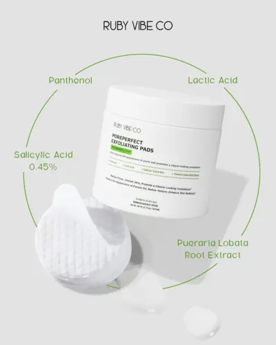 Ruby Vibe Co Poreperfect Exfoliating Pads highlighting ingredients: Salicylic Acid, Lactic Acid, and Panthenol