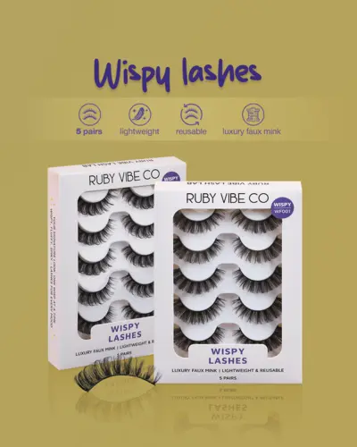 Ruby Vibe Co Wispy Lashes 5-pair packs, featuring lightweight, reusable, and luxury faux mink false eyelashes