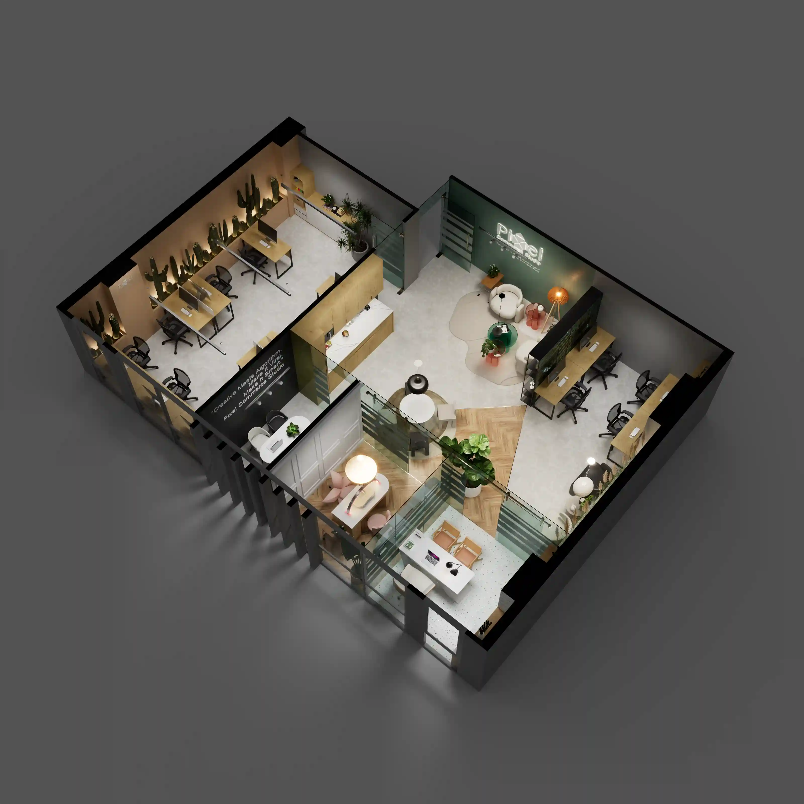 An overhead 3D model of a creative office layout, including workstations and a reception area.