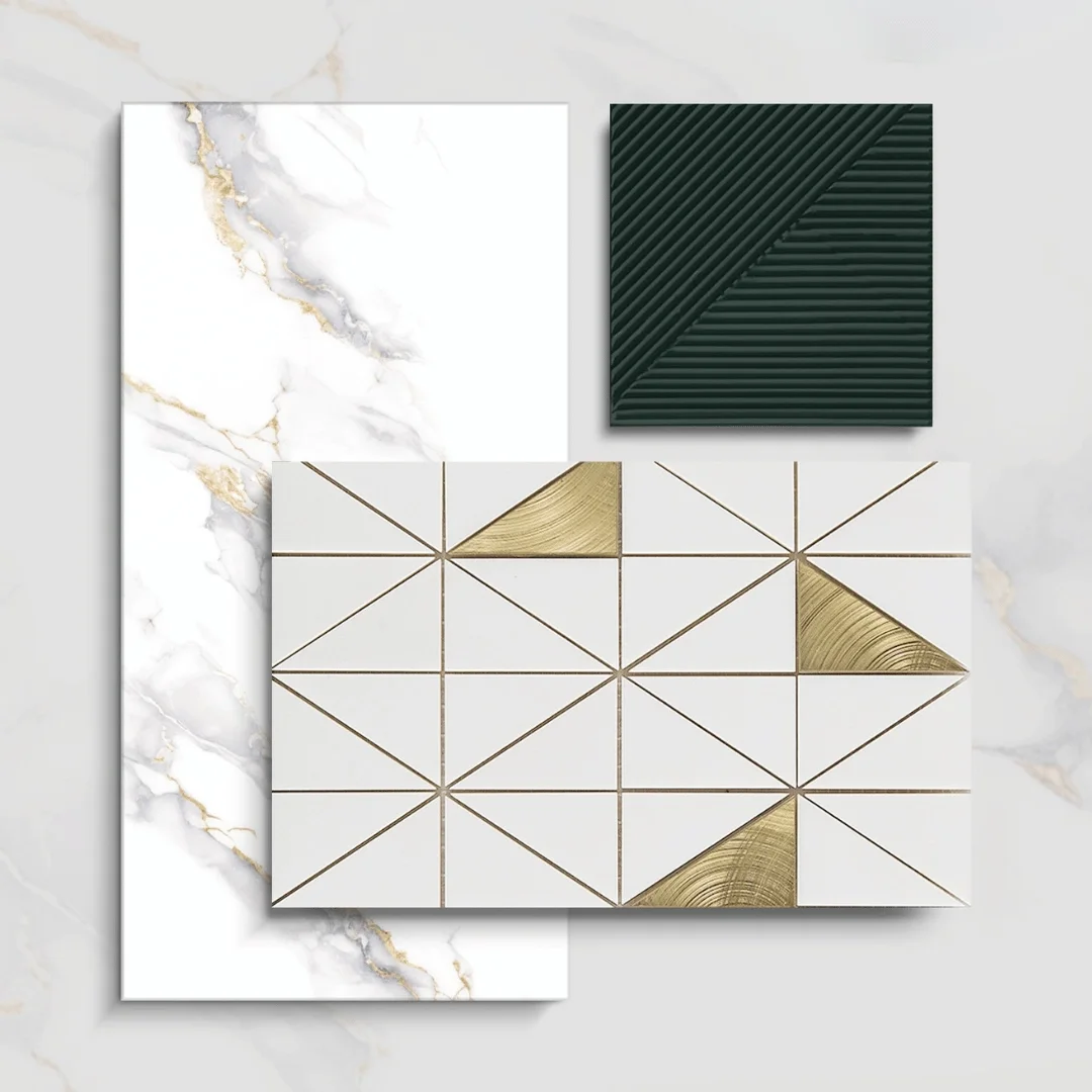 Design materials palette: white and gold marble, dark fluted tile, and geometric gold inlay tiles.