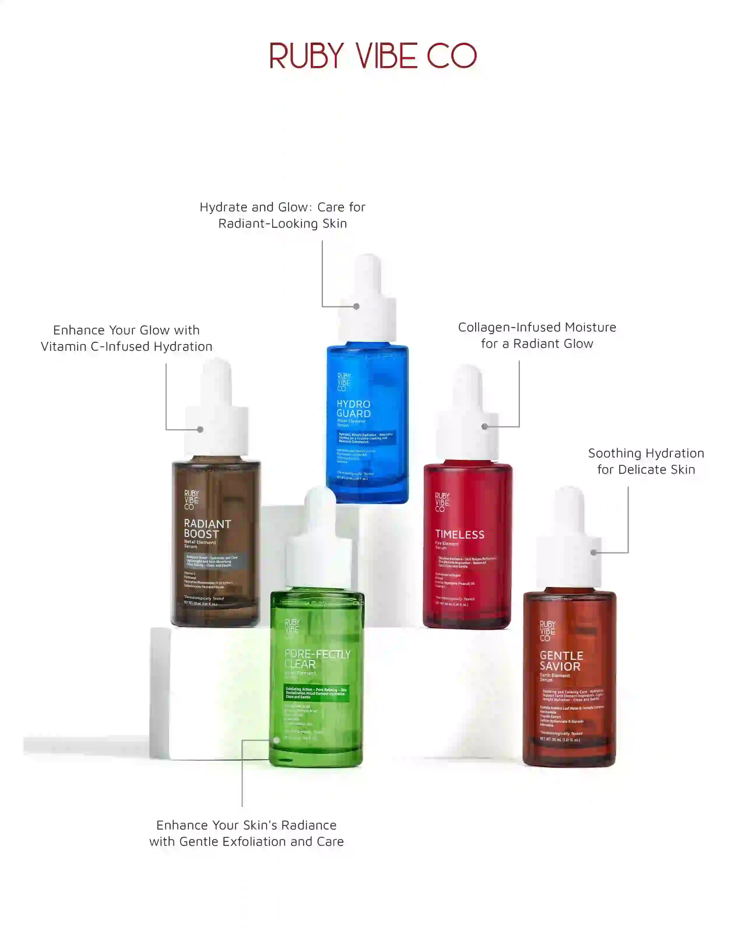 A product lineup of the Ruby Vibe Co skincare serum collection showing five different bottles.
