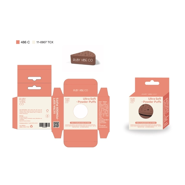 A flat packaging dieline and 3D mockup for Ruby Vibe Co's Ultra Soft Powder Puffs.