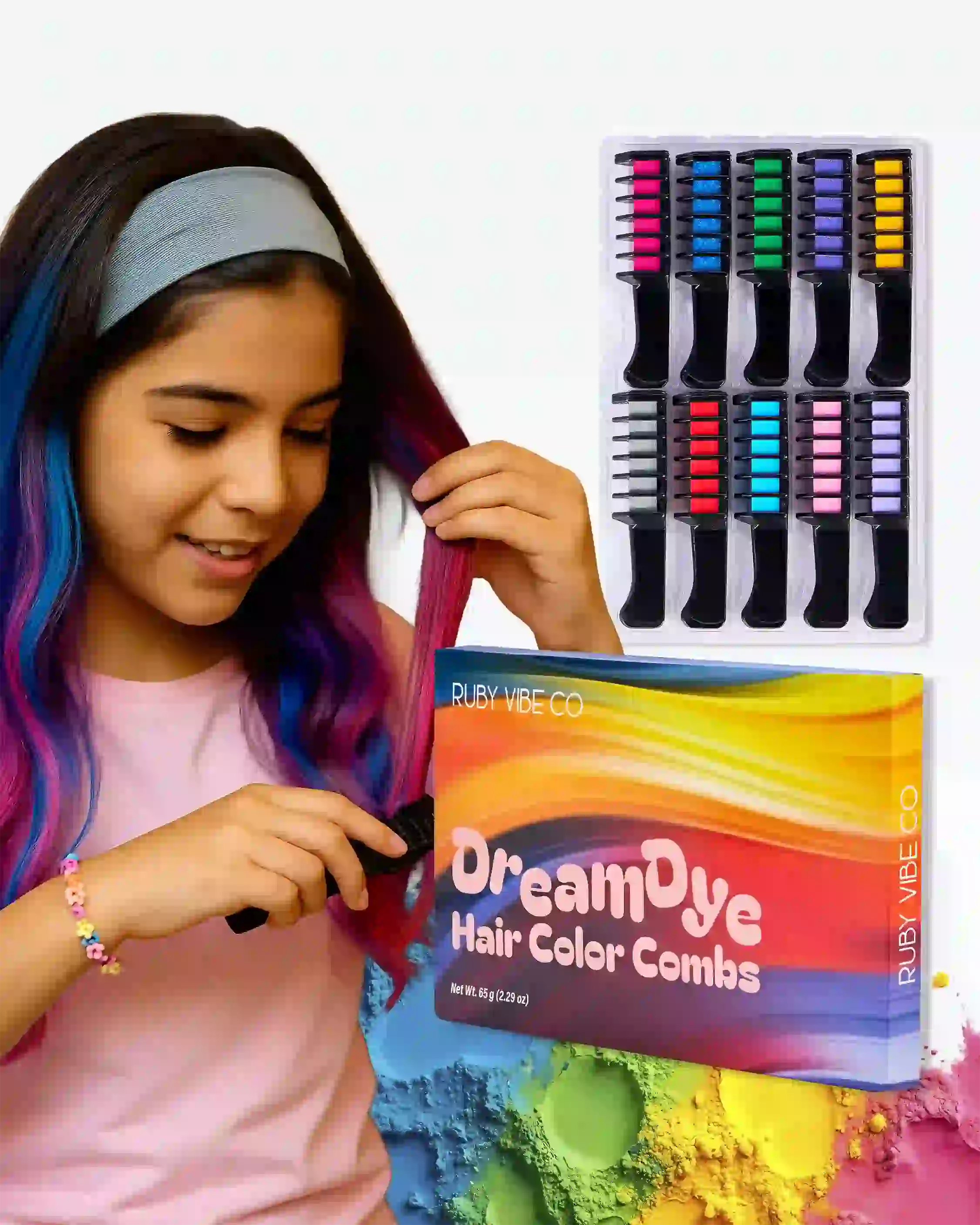 A young girl applying temporary hair dye using the Ruby Vibe Co DreamDye Hair Color Combs.